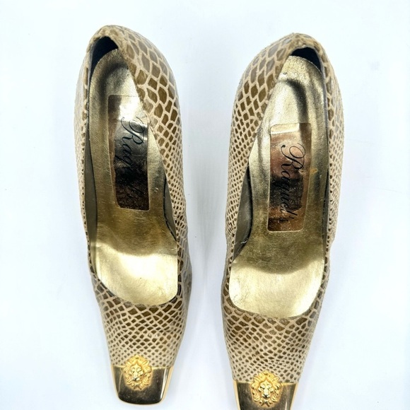 VINTAGE RAQUEL’S ANIMAL PRINT GREEN LEATHER HEEL SQUARE TOE GOLD MEDUSA HEAD 7.5 - Picture 4 of 14